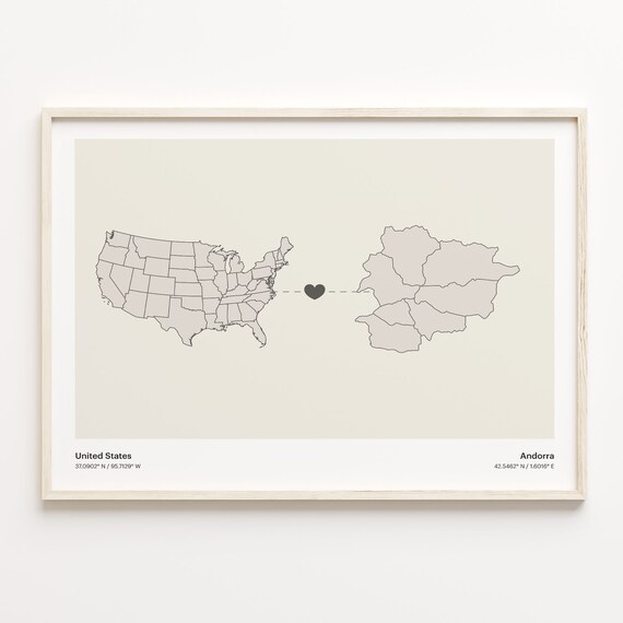 United States to Andorra Heart Connection Minimalist Country Map Poster