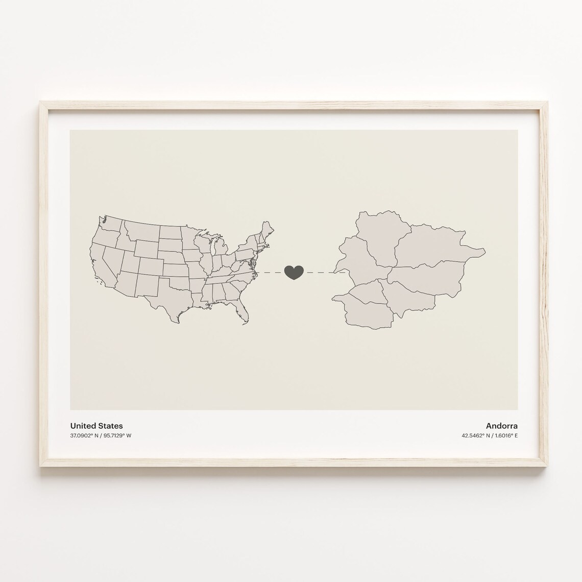 United States to Andorra Heart Connection Minimalist Country Map Poster