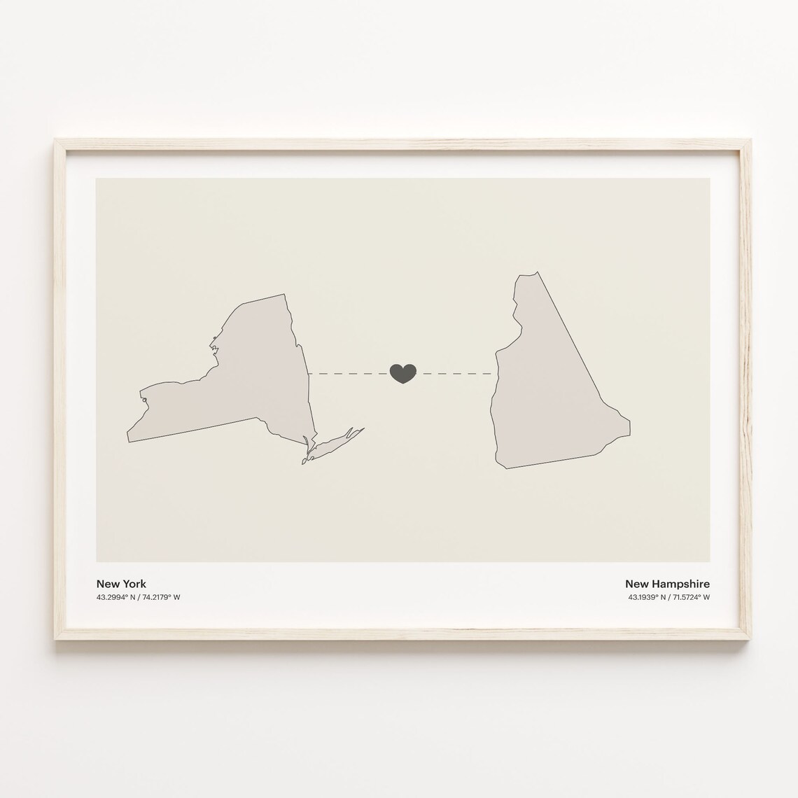 New York New Hampshire Beige Minimalist Heart Connection Map Poster