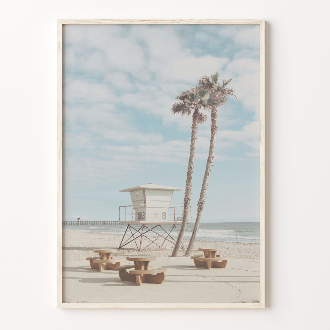 Sunny Beach Lifeguard Stand With Palm Trees And Pier Photo Poster