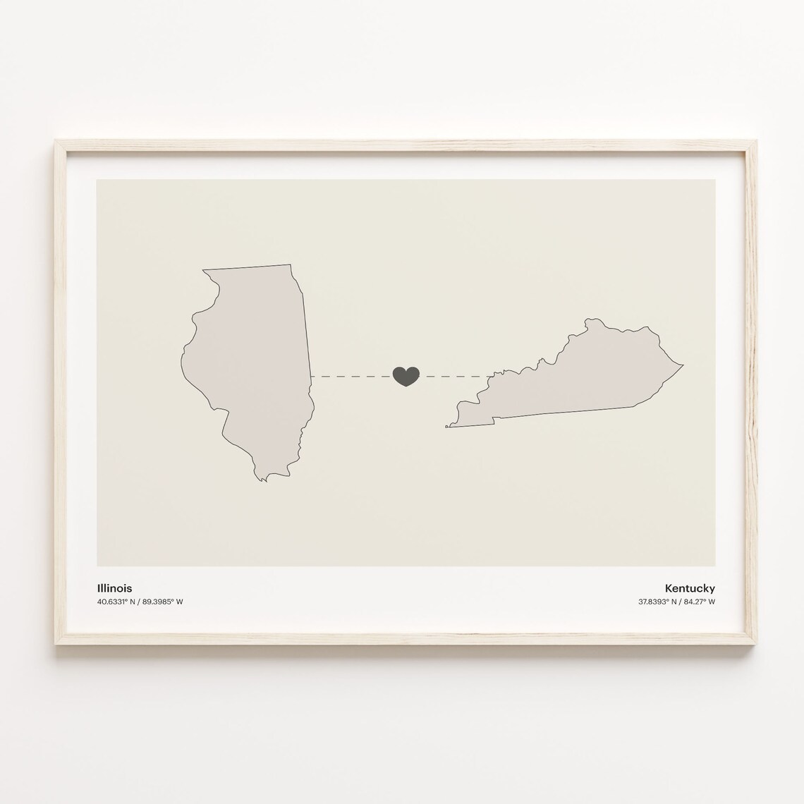 Illinois Kentucky Long Distance Love Connection Heart Map Poster