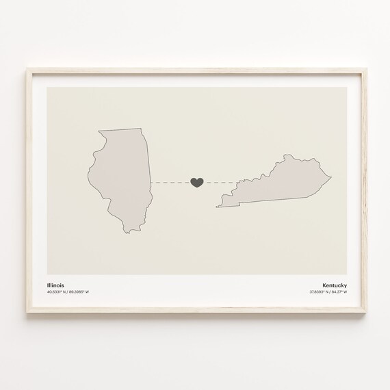 Illinois Kentucky Long Distance Love Connection Heart Map Poster