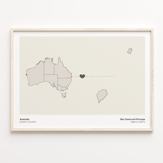 Australia to São Tomé and Principe Long Distance Heart Map Connection Poster