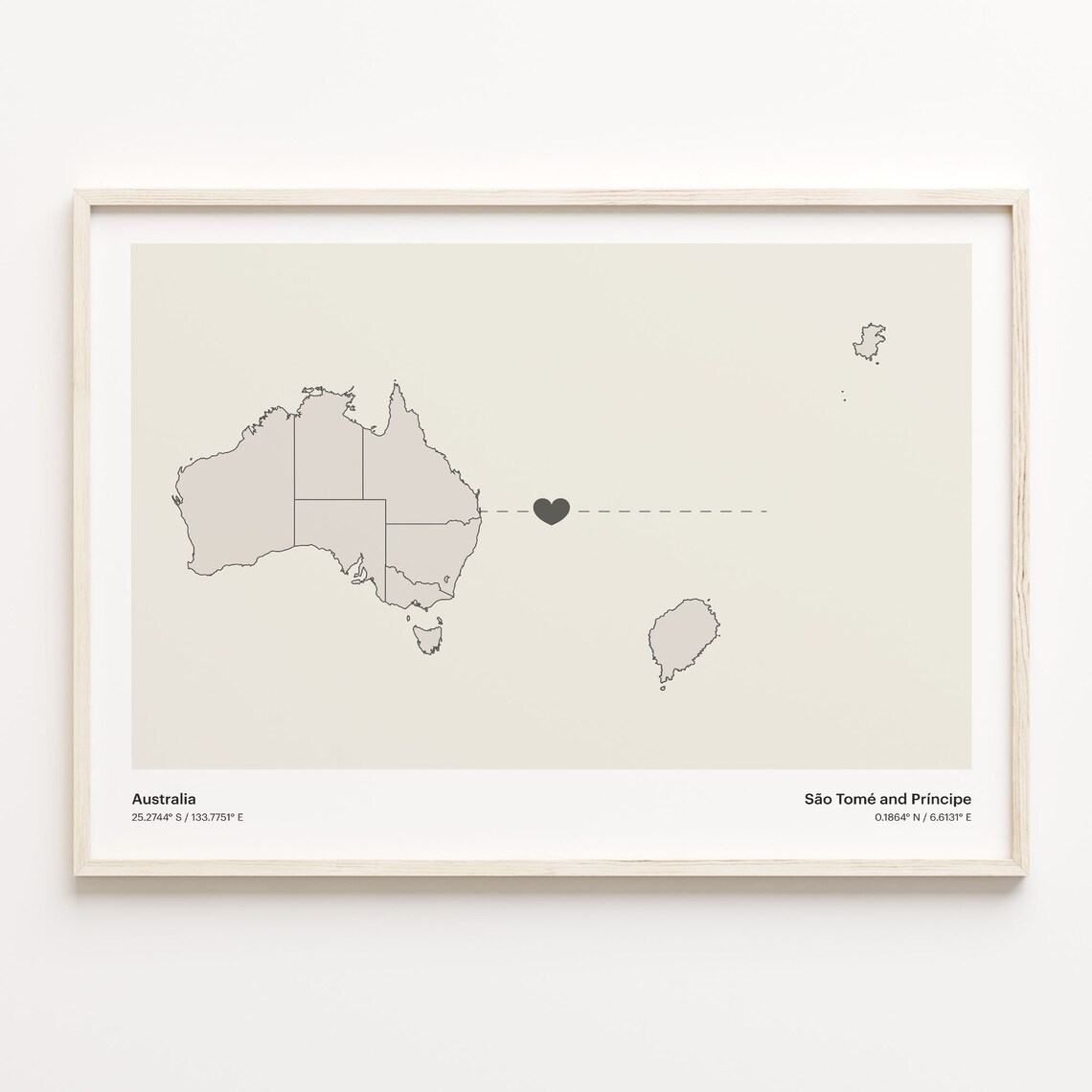 Australia to São Tomé and Principe Long Distance Heart Map Connection Poster