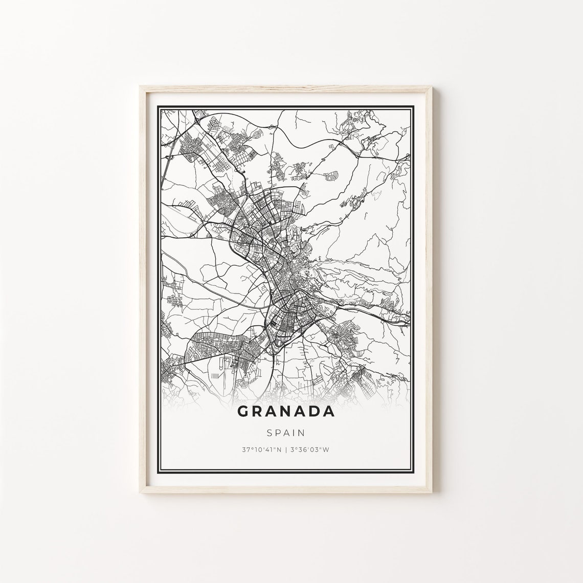 Granada Spain City Map Minimalist Black and White Art Poster