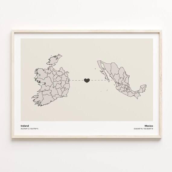 Ireland to Mexico Heart Connection Map Long Distance Gift Poster