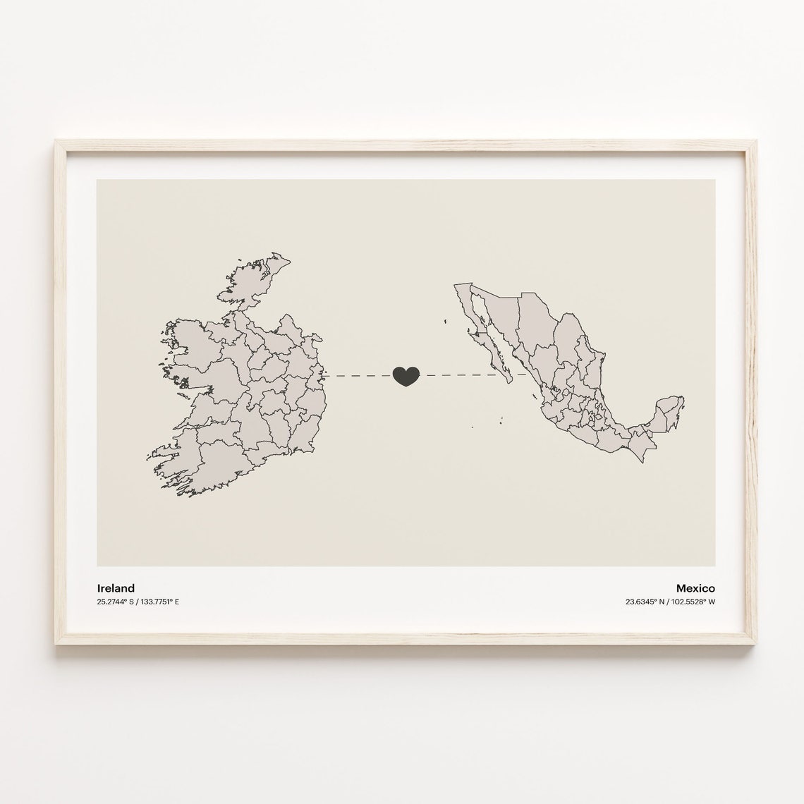 Ireland to Mexico Heart Connection Map Long Distance Gift Poster