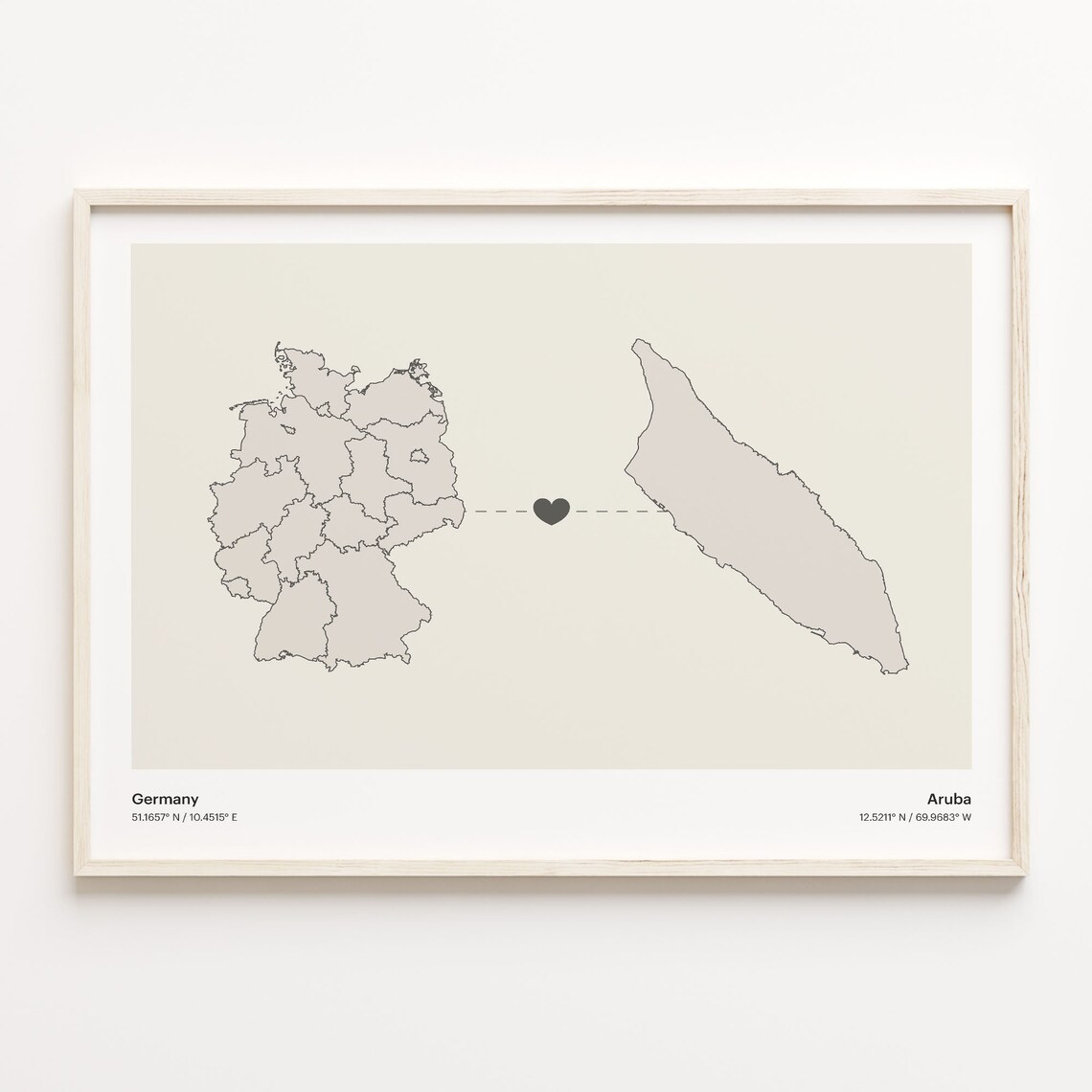 Germany to Aruba Minimalist Long Distance Heart Map Connection Poster