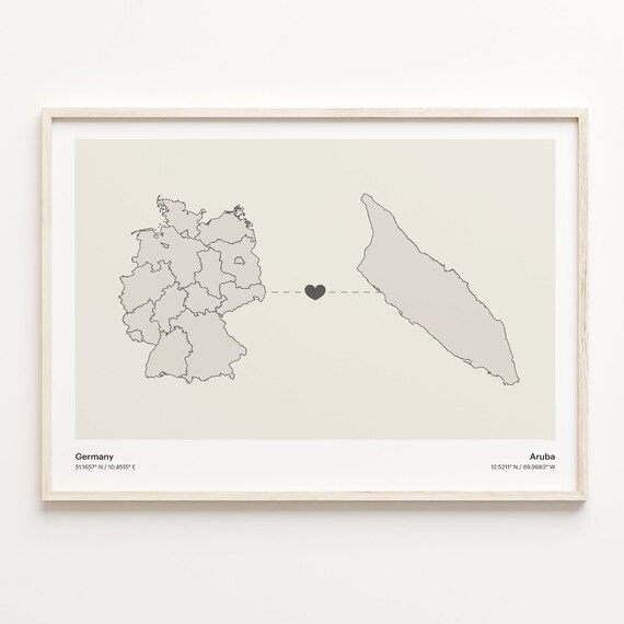 Germany to Aruba Minimalist Long Distance Heart Map Connection Poster