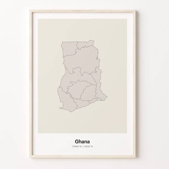 Ghana Beige Minimalist Line Art Country Map Coordinates Poster