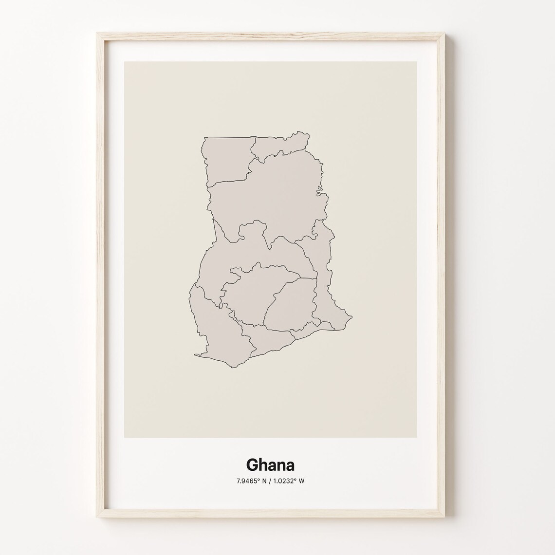 Ghana Beige Minimalist Line Art Country Map Coordinates Poster