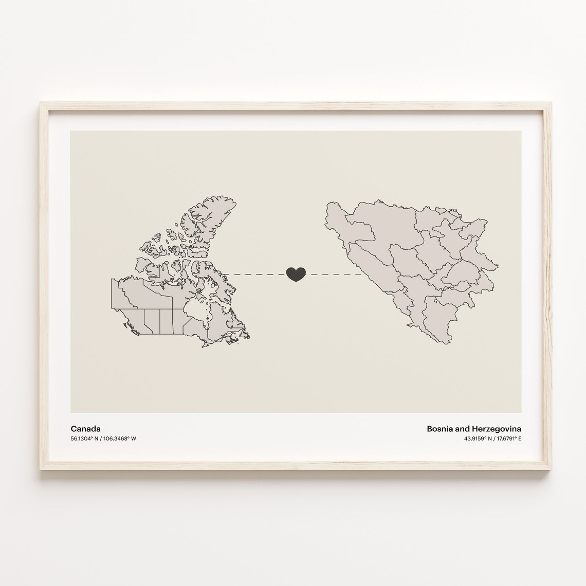 Canada To Bosnia And Herzegovina Long Distance Love Minimalist Map Art Poster