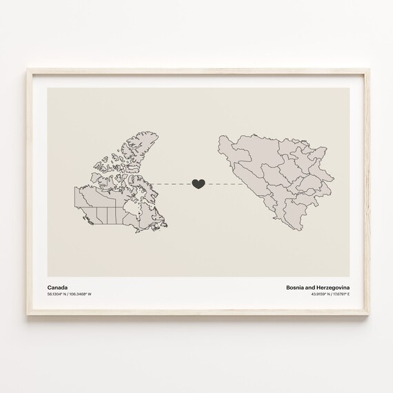 Canada To Bosnia And Herzegovina Long Distance Love Minimalist Map Art Poster