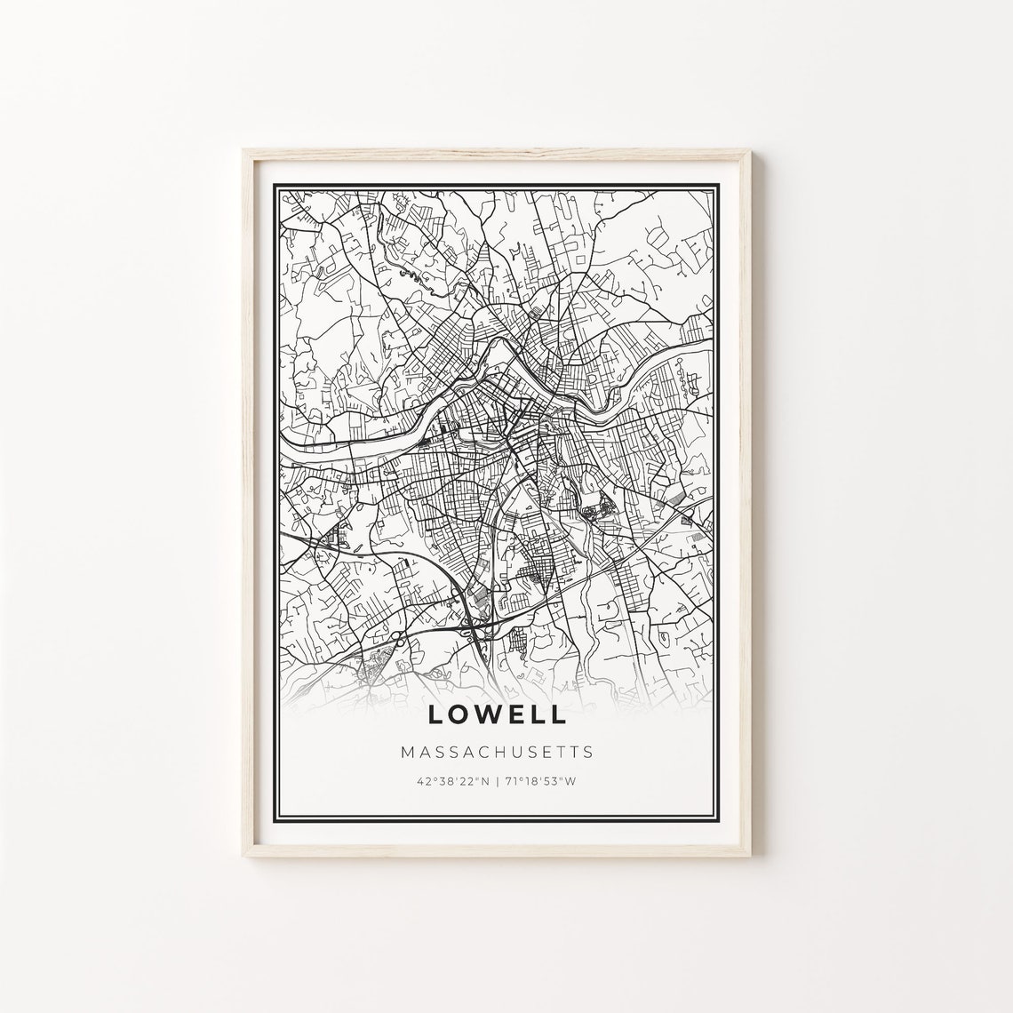Lowell Massachusetts Minimalist Linework City Street Map Poster