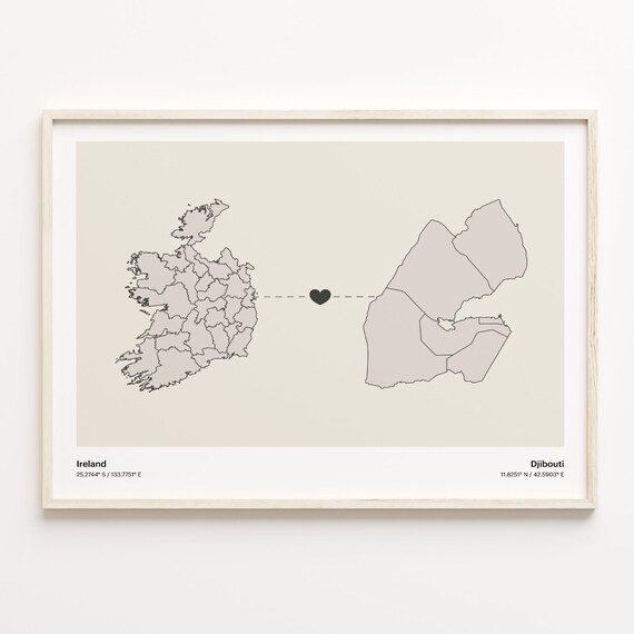 Ireland to Djibouti Heartfelt Long Distance Connection Map Poster