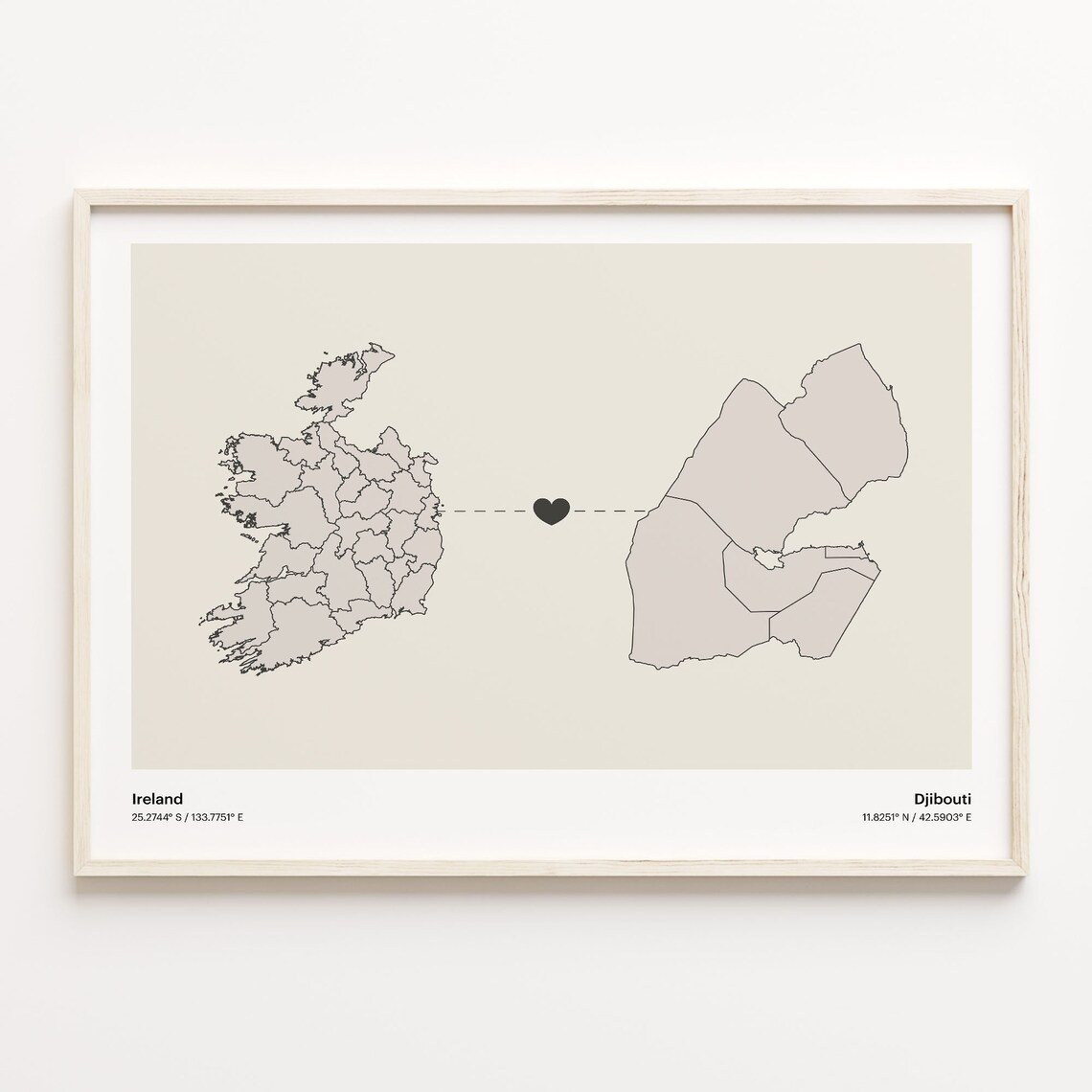 Ireland to Djibouti Heartfelt Long Distance Connection Map Poster