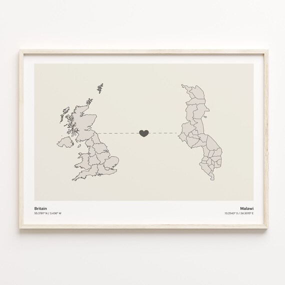 Britain Malawi Long Distance Heart Connection Map Gift Poster
