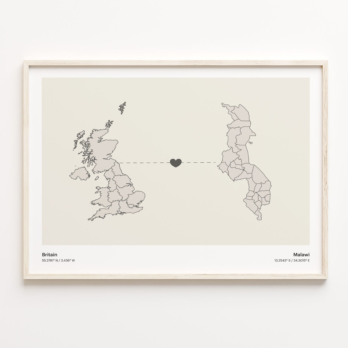 Britain Malawi Long Distance Heart Connection Map Gift Poster
