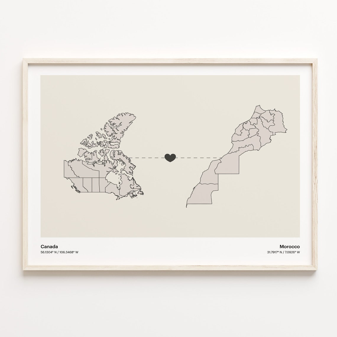 Canada To Morocco Minimalist Love Connection Map Travel Poster