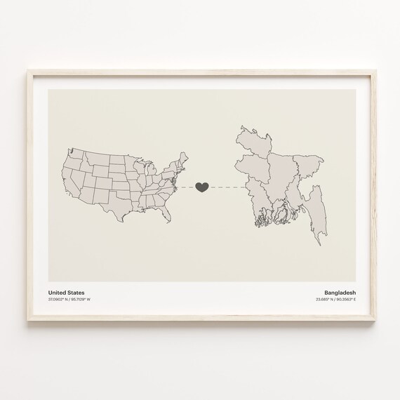 United States to Bangladesh Heart Connection Map Long Distance Gift Poster