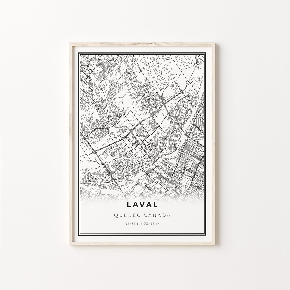 Laval City Map Art Print, Black and White Style