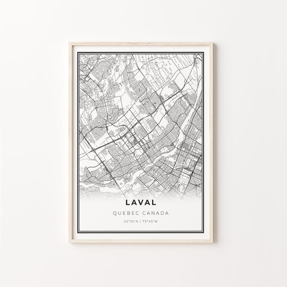 Laval City Map Art Print, Black and White Style