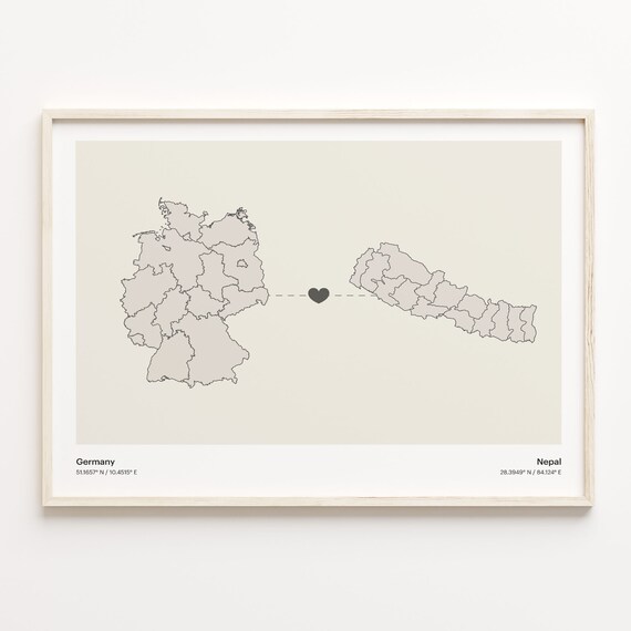 Germany To Nepal Soft Beige Heart Connection Minimalist Map Poster