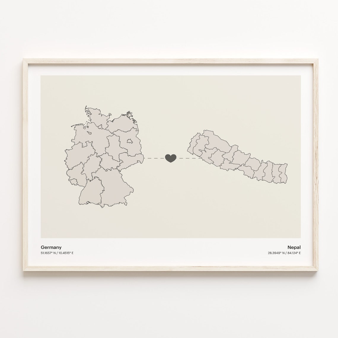 Germany To Nepal Soft Beige Heart Connection Minimalist Map Poster