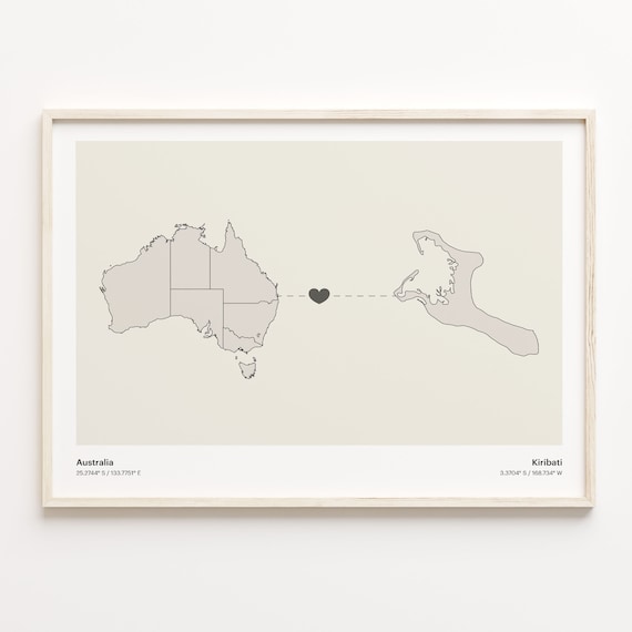 Australia To Kiribati Minimalist Map Heart Connection Gift Poster