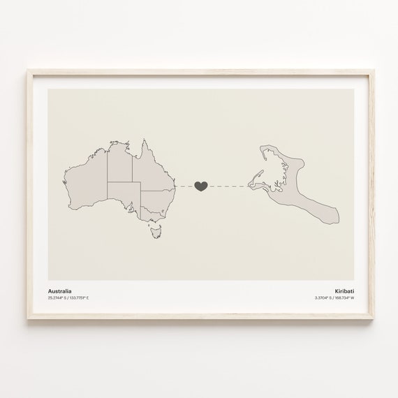 Australia To Kiribati Print Kenyan Gift Minimalistic Country Connection Map Poster Travel Wall Art Adventure Awaits C21891