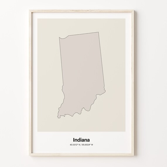 Indiana Minimalist Map Poster With Printed Coordinates Neutral Home Decor