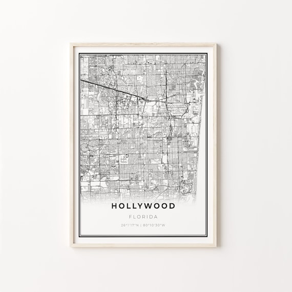 Hollywood Florida Modern Minimalist Black White Street Map Poster