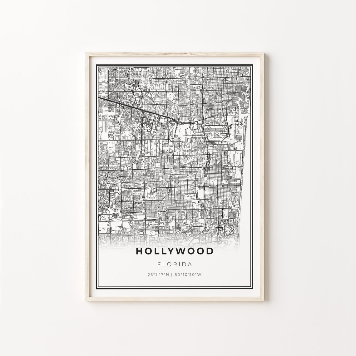 Hollywood Florida Modern Minimalist Black White Street Map Poster