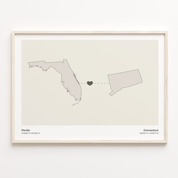 Florida Connecticut Long Distance Love Connection Heart Map Poster