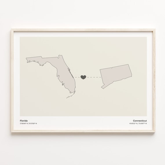 Florida To Connecticut Print Connecticuter Gift Minimalistic State Connection Map Poster Travel Wall Art Home Abroad C211305