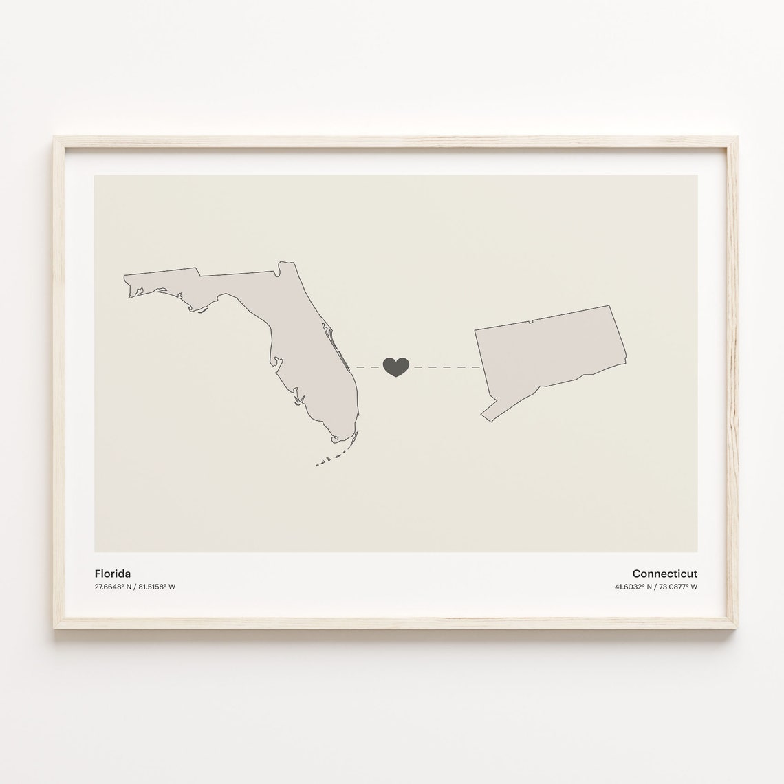Florida Connecticut Long Distance Love Connection Heart Map Poster