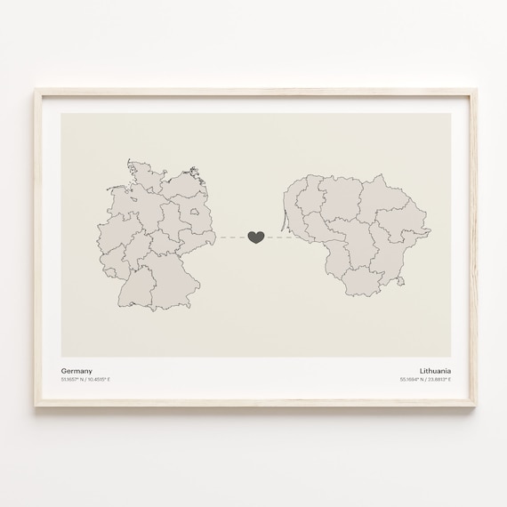 Germany Lithuania Heart Connection Map Minimalist Long Distance Gift Poster