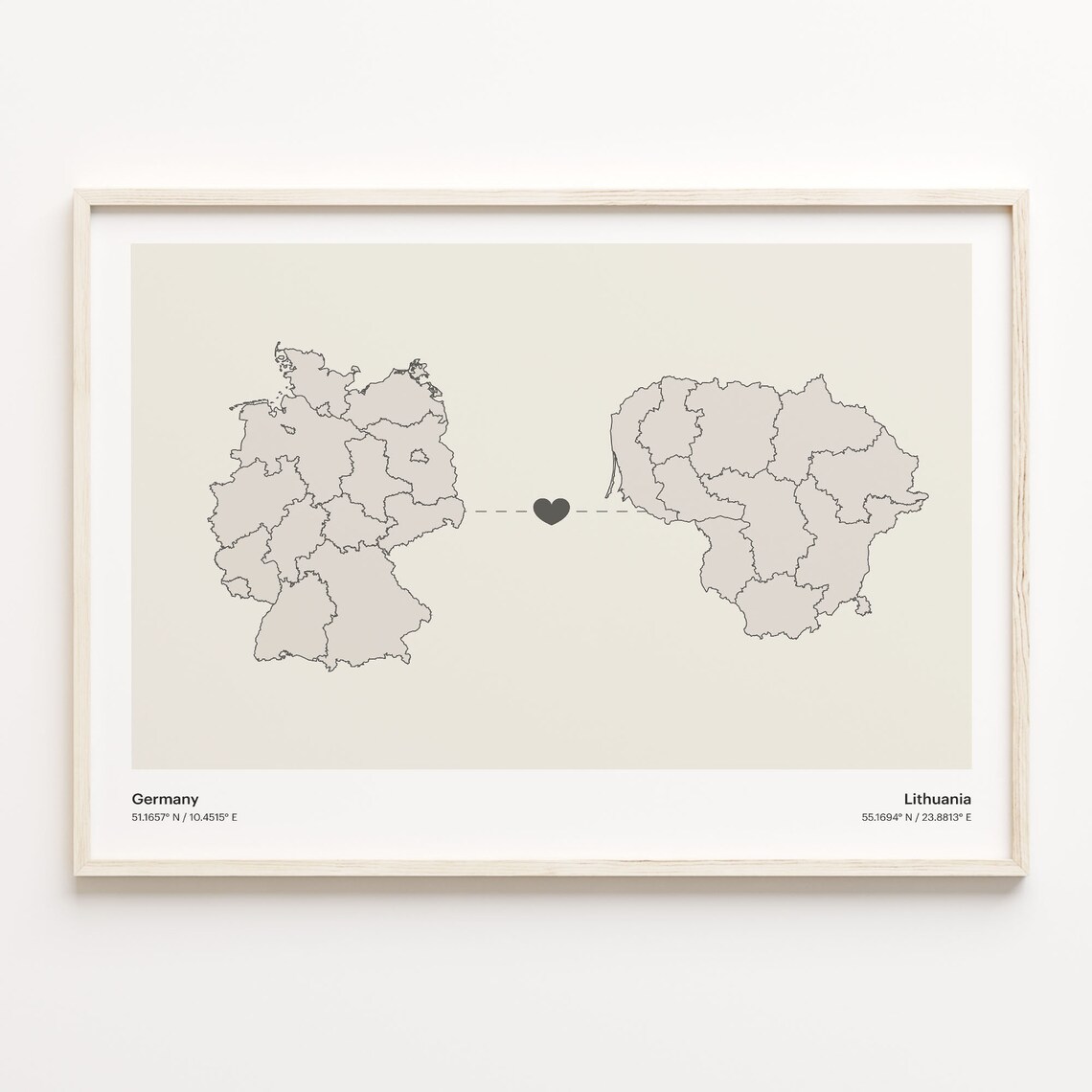 Germany Lithuania Heart Connection Map Minimalist Long Distance Gift Poster
