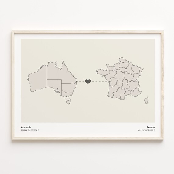 Australia To France Minimalist Map Heart Connection Gift Poster
