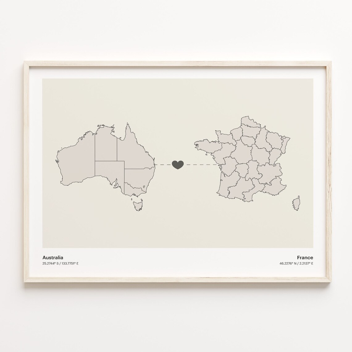 Australia To France Minimalist Map Heart Connection Gift Poster