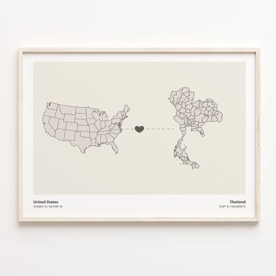 United States to Thailand Heart Connection Long Distance Map Poster