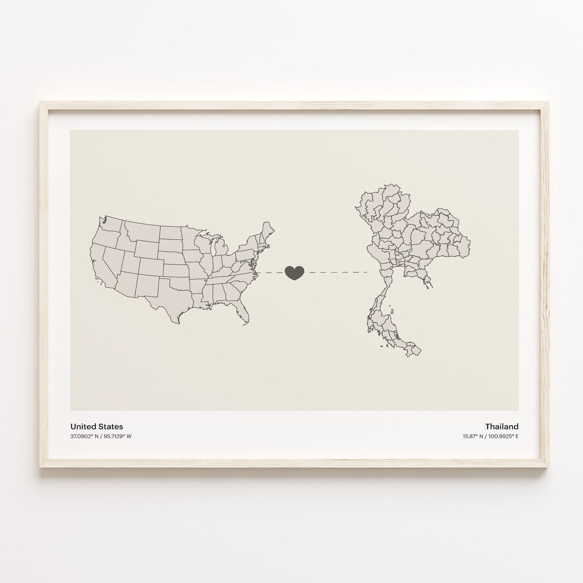 United States to Thailand Heart Connection Long Distance Map Poster