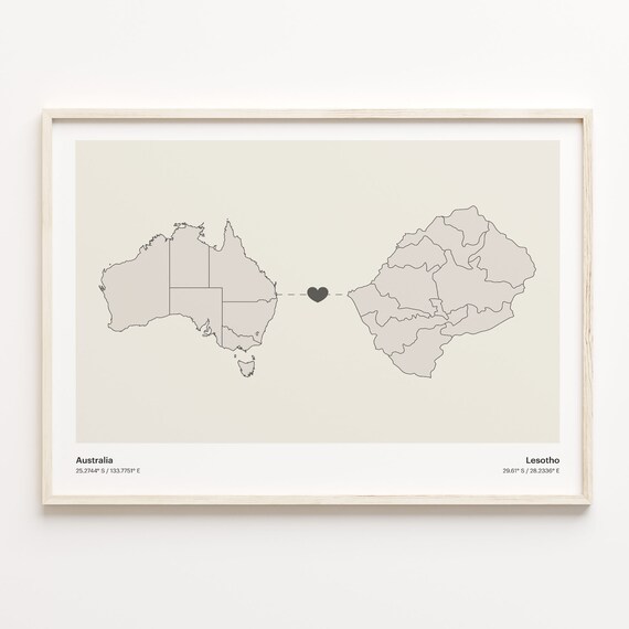 Australia to Lesotho Minimalist Heart Couple Connection Map Poster