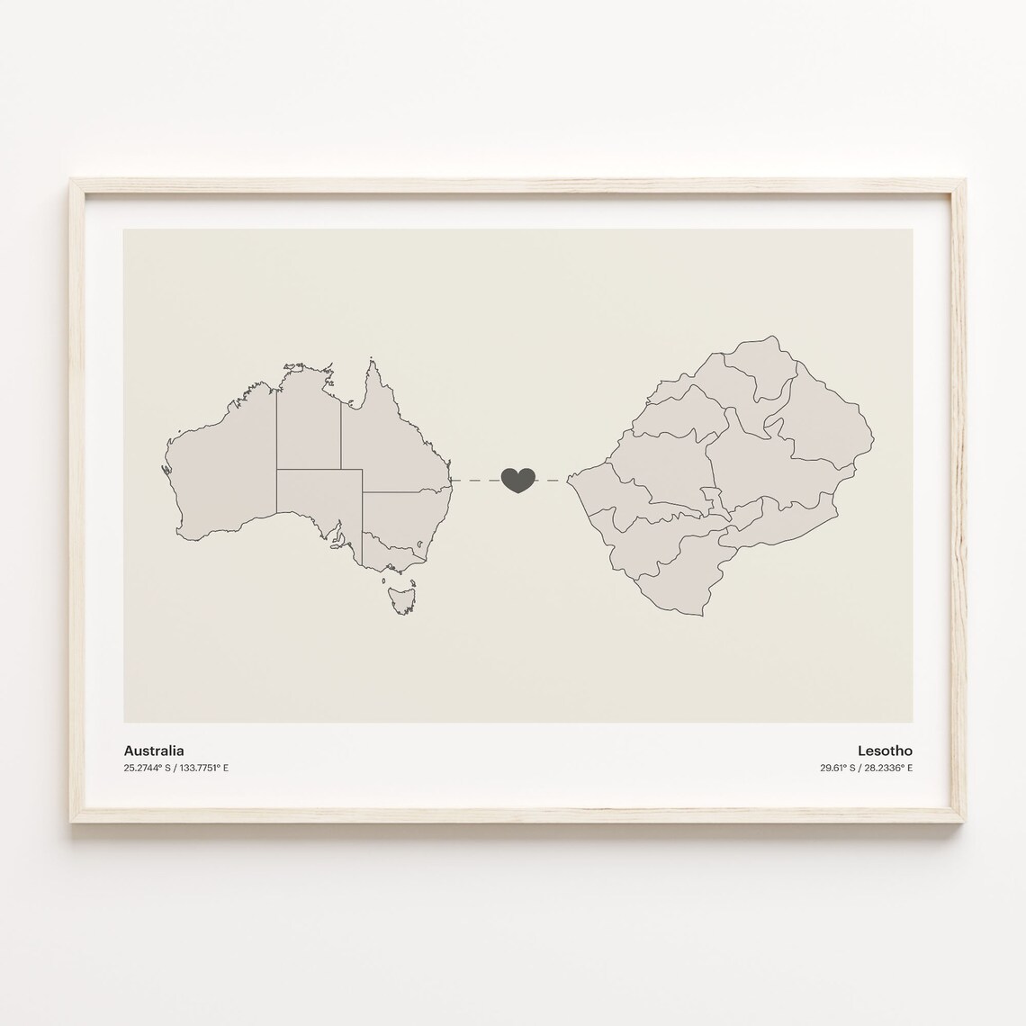 Australia to Lesotho Minimalist Heart Couple Connection Map Poster