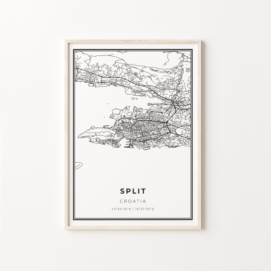 Split Croatia Modern Minimalist Black Line City Map Wall Art