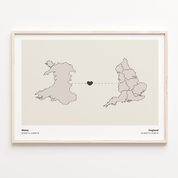 Wales And England Long Distance Love Minimalist Heart Map Poster