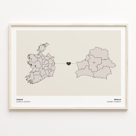 Ireland and Belarus Long Distance Heart Connection Map Poster