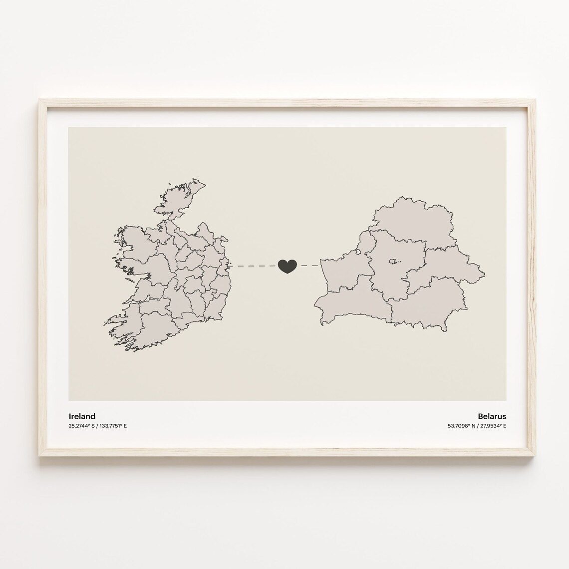 Ireland and Belarus Long Distance Heart Connection Map Poster