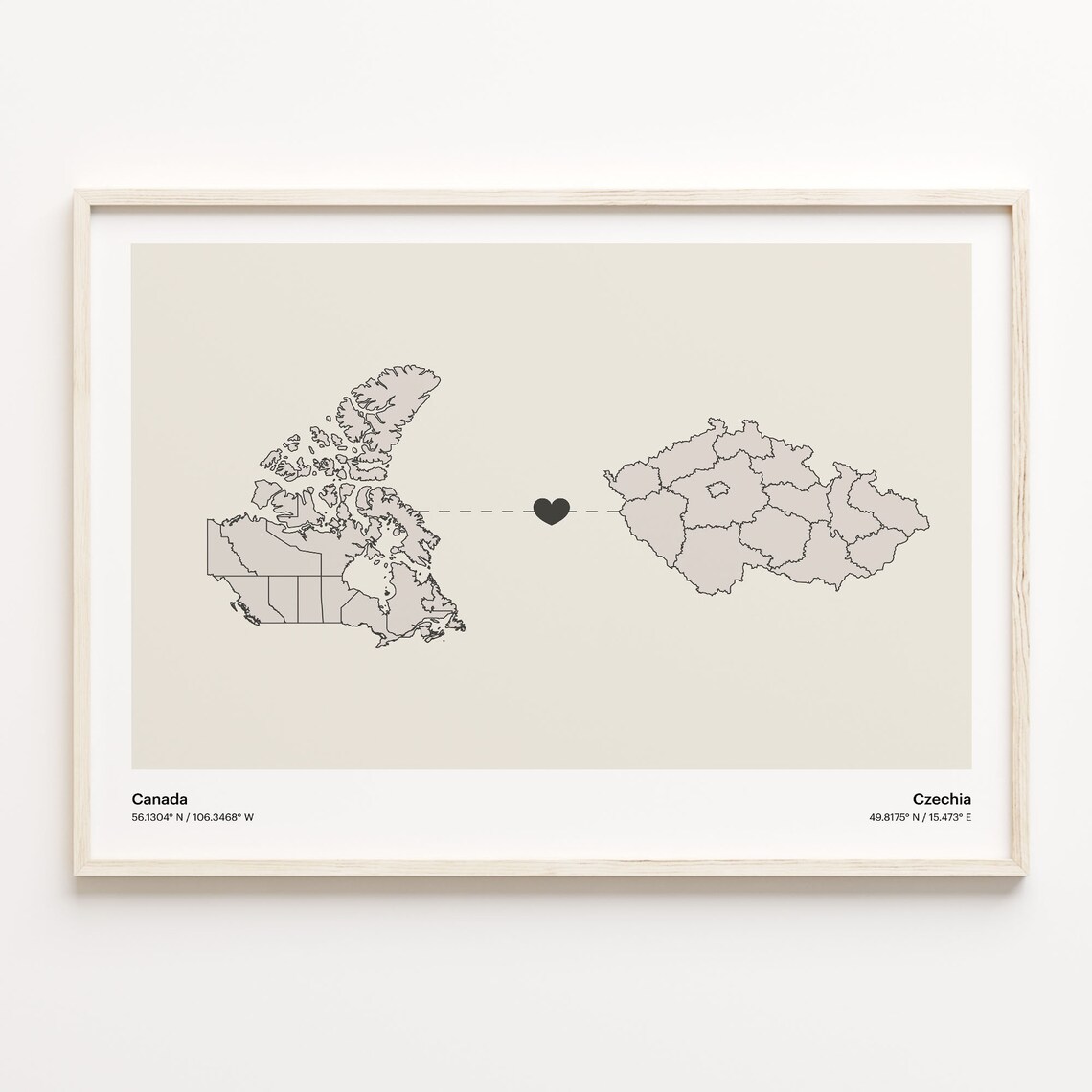 Canada Czechia Heart Connection Map Minimalist Long Distance Gift Poster
