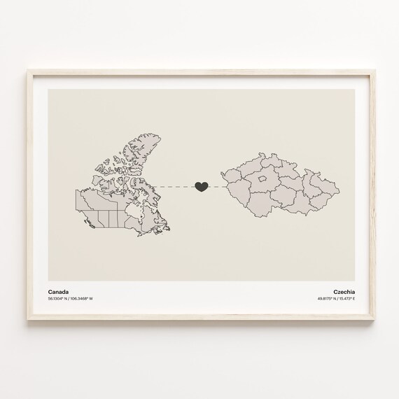 Canada Czechia Heart Connection Map Minimalist Long Distance Gift Poster